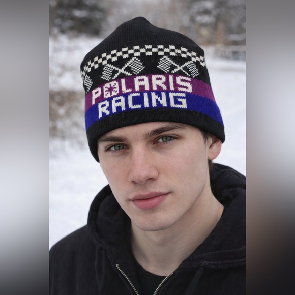 Vintage Polaris Racing Knit Beanie Black Purple Blue Snowmobile Motorsports Y2K